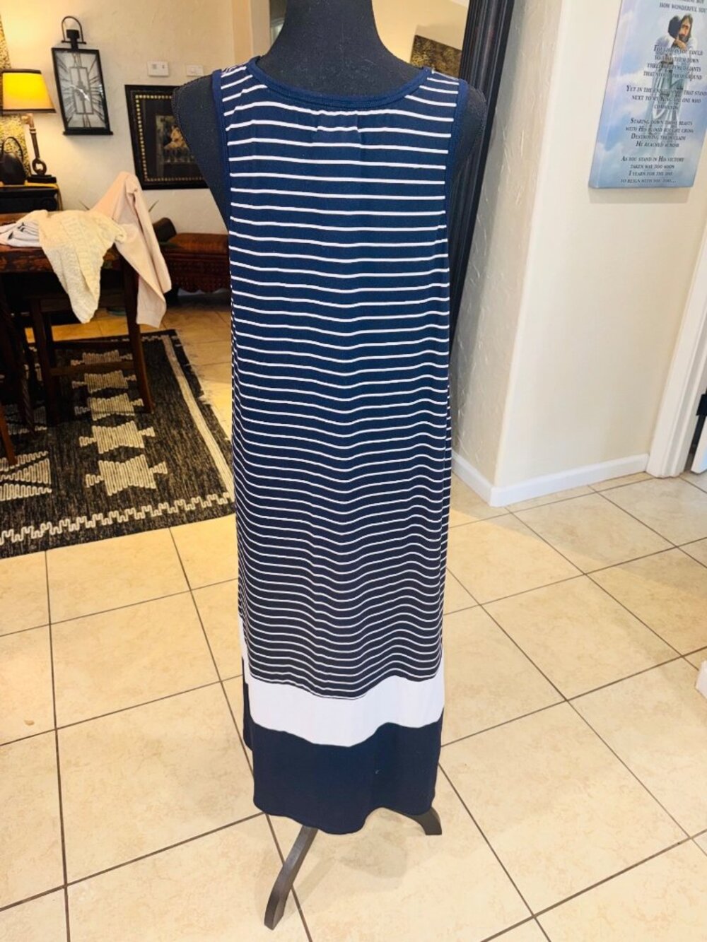 Donna Karan Soft Model Maxi Nightgown Striped Navy White Sleeveless Women L - Picture 3 of 7